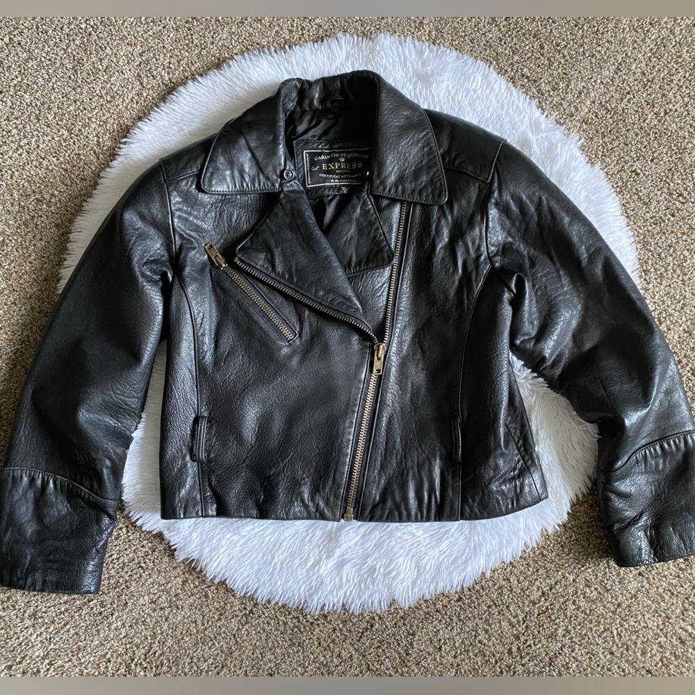 Express Genuine Leather Jacket Vintage Black Moto Y2K Womens Size Medium No Belt